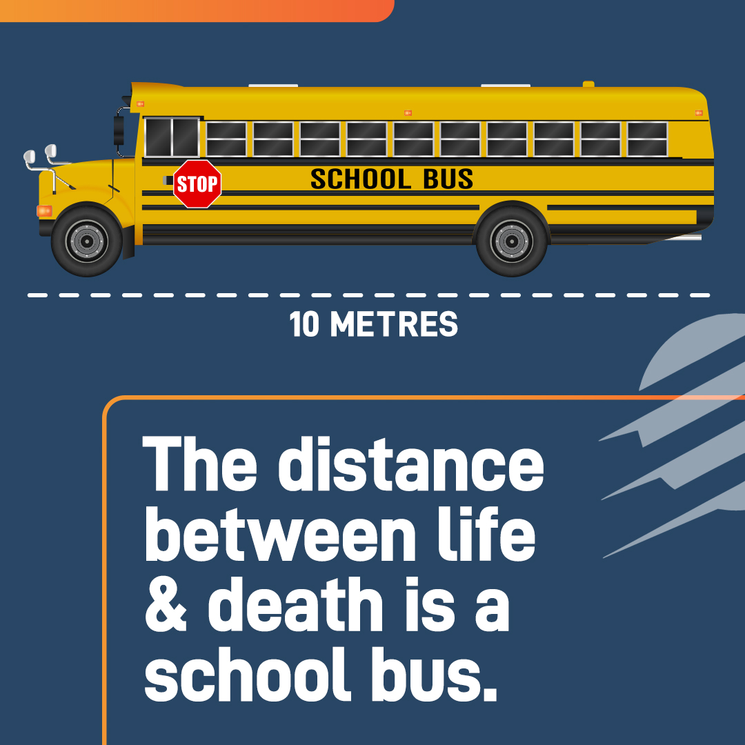 An illustration noting that a school bus' length is the distance to stay from a downed power line.