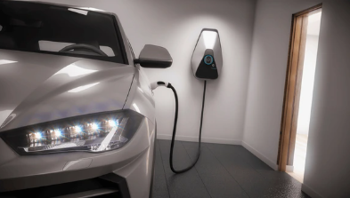 An electric vehicle charges in a home.