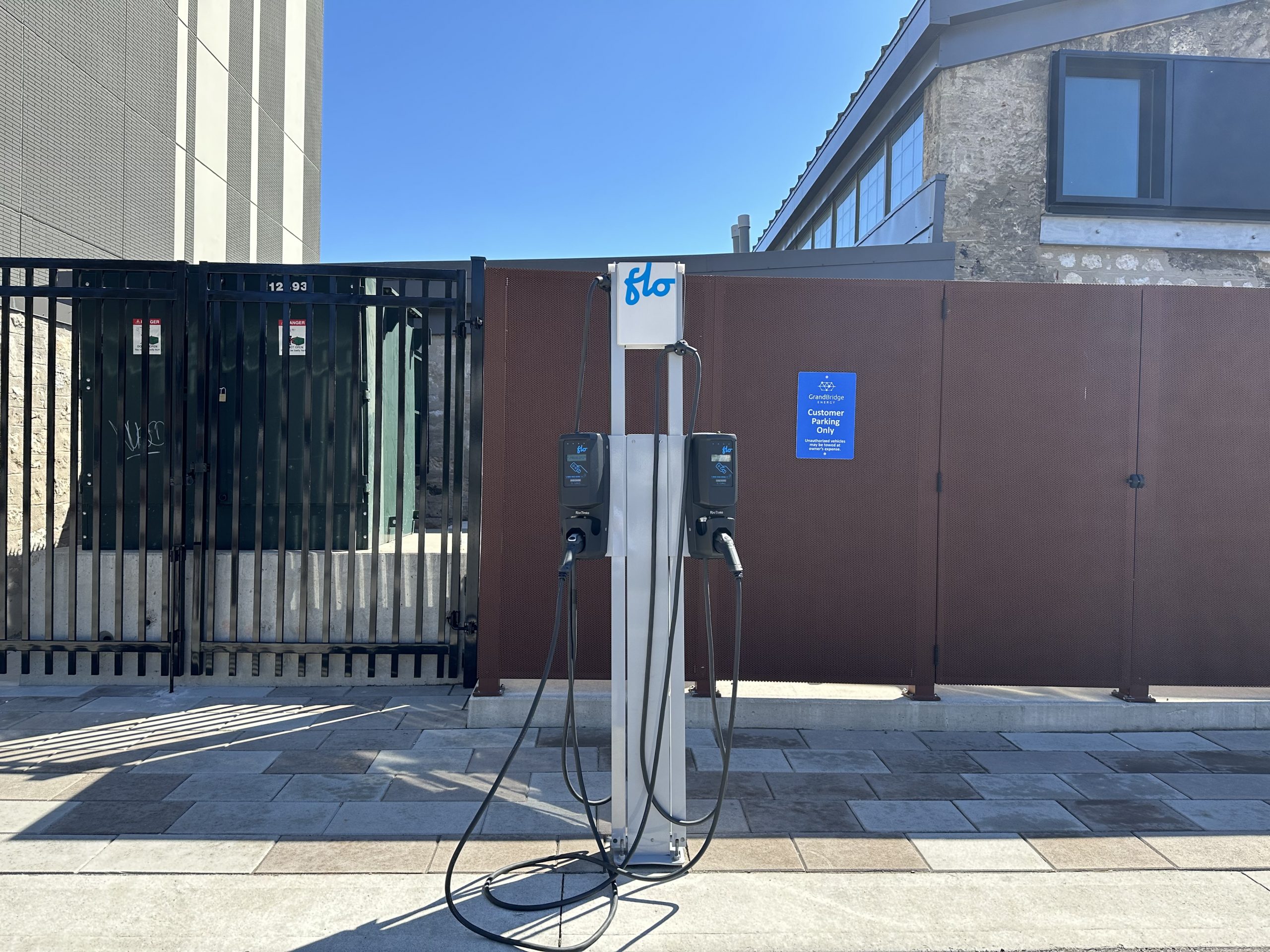 A close up of the electric vehicle charging station at the GrandBridge Energy Glebe Street office in Cambridge.