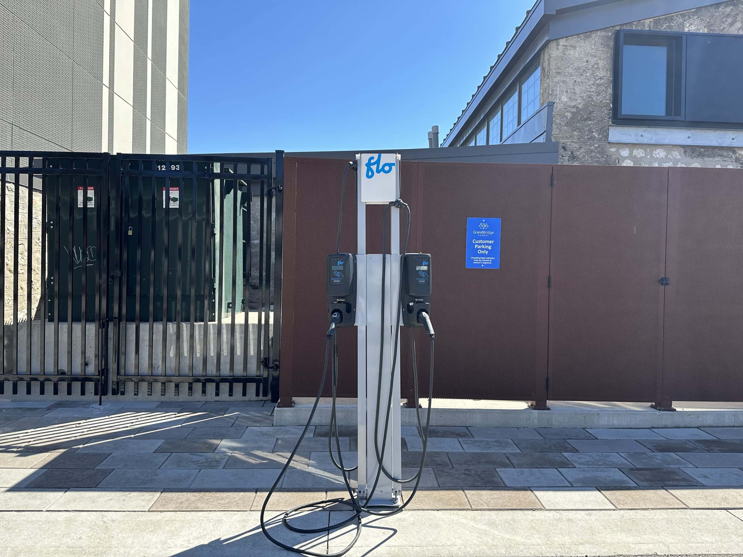 A close up of the electric vehicle charging station at the GrandBridge Energy Glebe Street office in Cambridge.