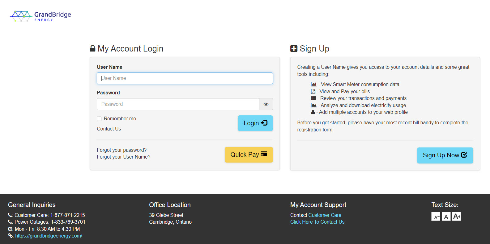 A screenshot of the GrandBridge Energy my account login page