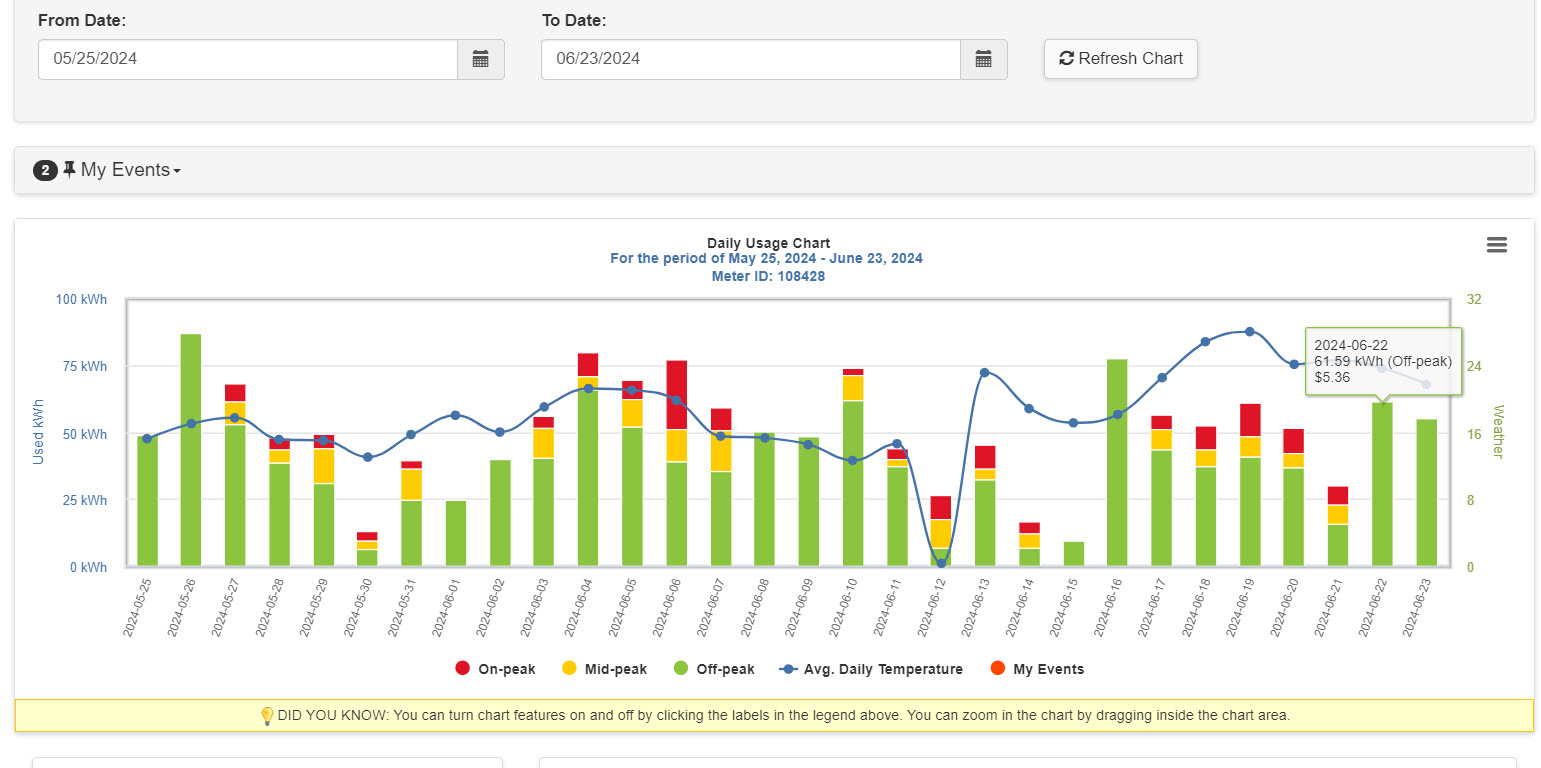 A bar graph depicting a customer's daily consumption.