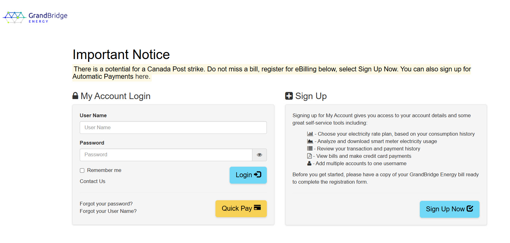 Log in and Registration page for My Account where you can view your consumption data.